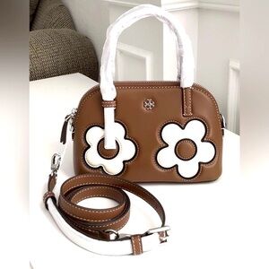 Tory Burch Emerson Dome Satchel Crossbody Bag Floral Applique NWT In Pac Leather